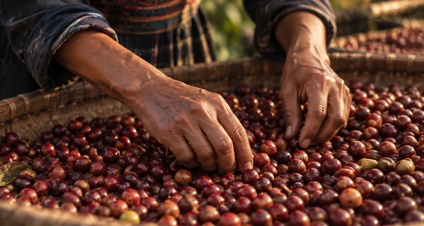 Two hands sorting red coffee cherries in a woven basket