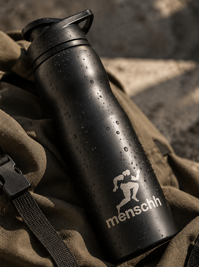 The black Menschh water bottle, beaded with water, lying on an olive pack in the sun.