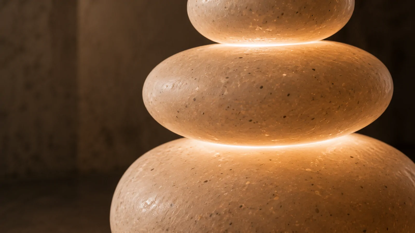 Close view of Pebbi: light glowing where one stone meets the next.