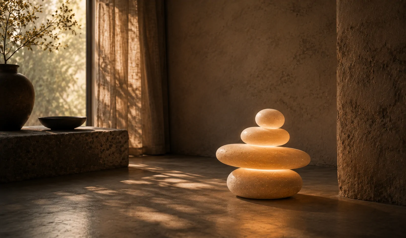 Pebbi, four glowing stacked stones, on the floor of a dim room beside a window.
