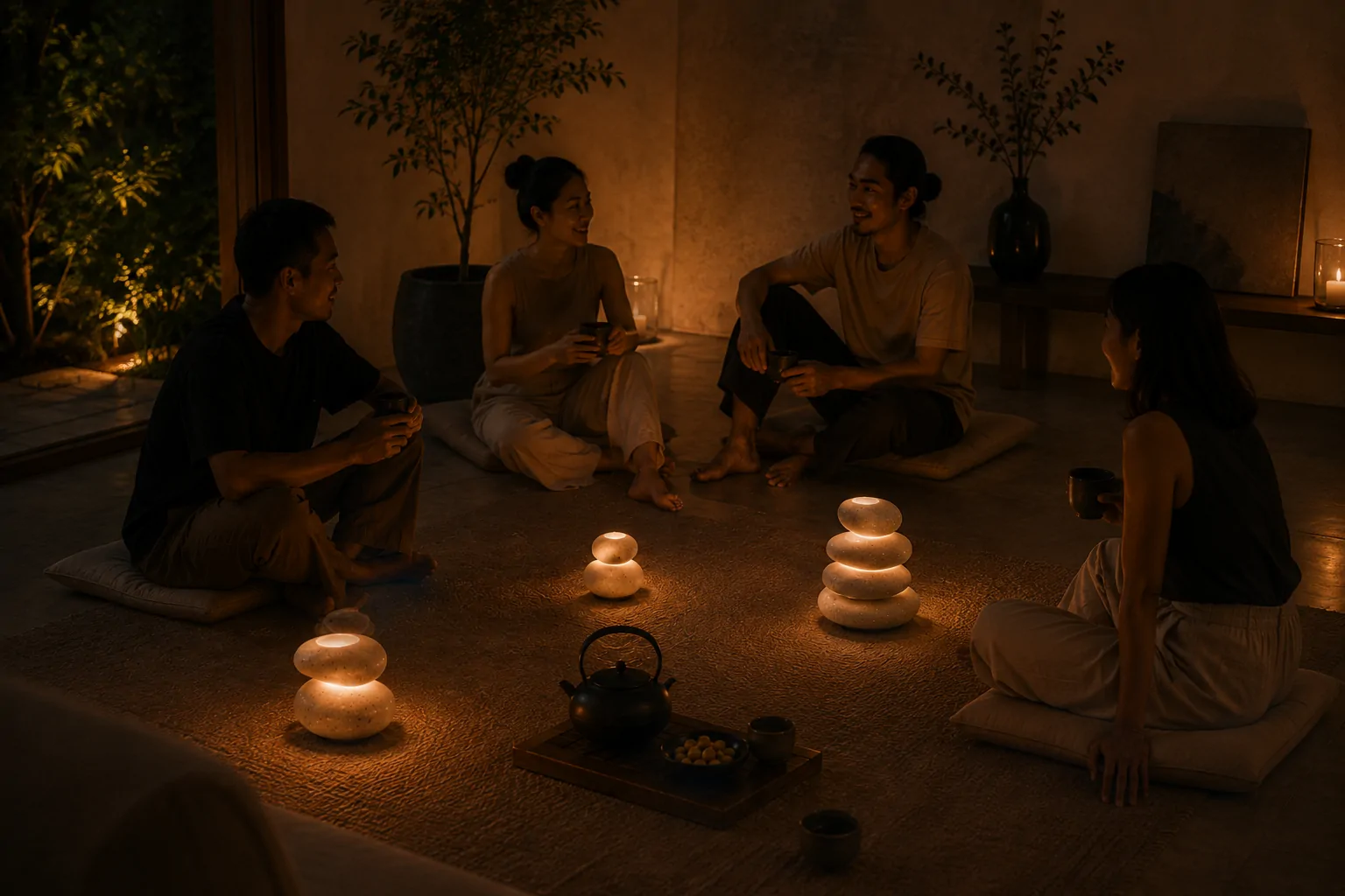 A small group sitting on the floor around several lit Pebbi objects in a dim room.